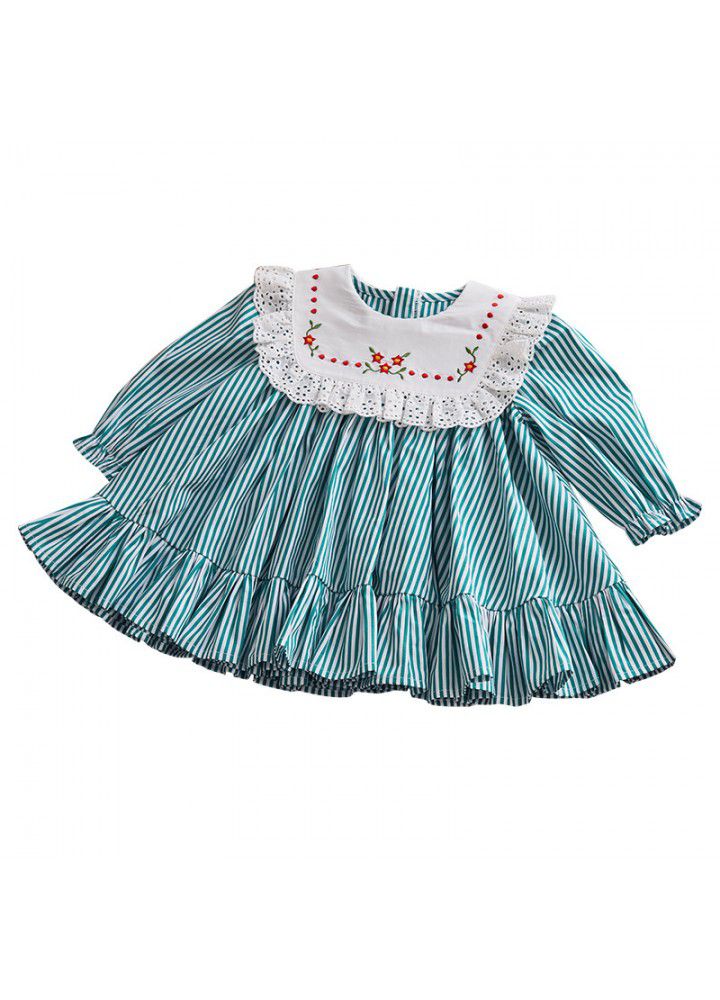 European and American children's wear 2021 spring long sleeve children's dress middle and small children's stripe embroidery children's skirt Lapel girl's skirt 