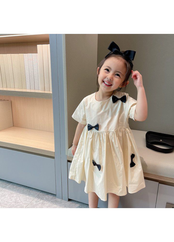 Girls' short sleeve dress 2021 summer new children's pure color bow princess skirt nubao foreign style summer dress 