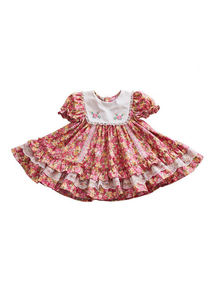 Children's short sleeve printed princess dress with big Lapel embroidery European and American children's summer new girls Floral Dress 