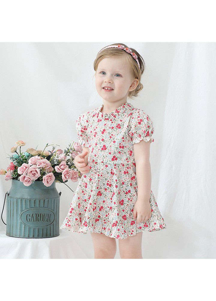 Girls' short sleeve floral dress pastoral style small fresh children's wear 2021 summer children's dress bubble sleeve 