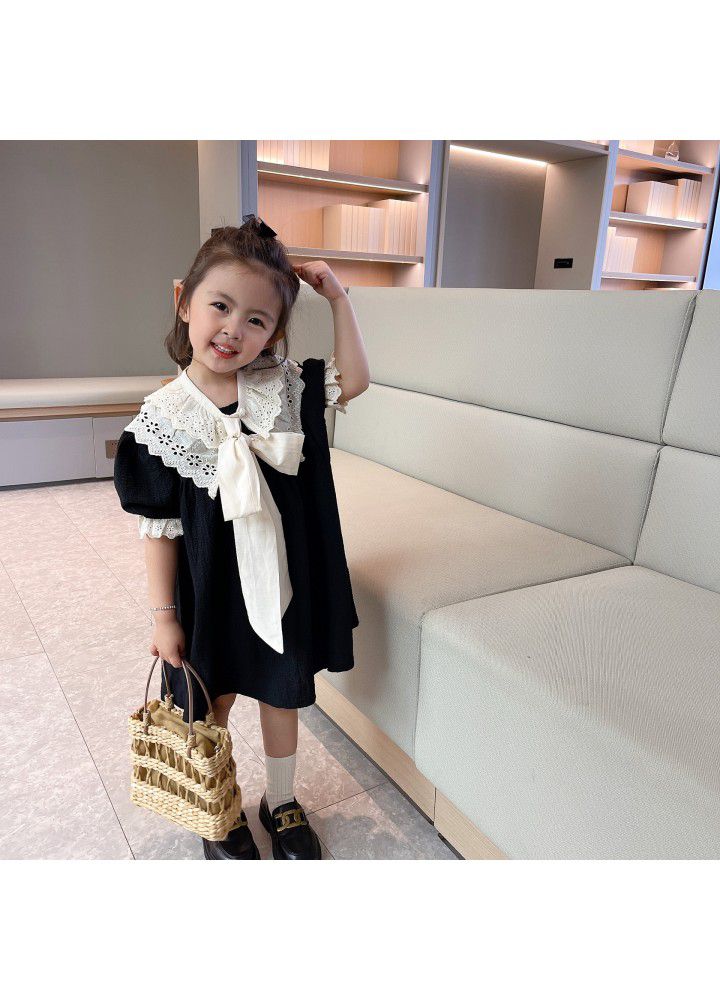 Girls' dress 2021 summer new baby girl color matching detachable lace collar children's dress 