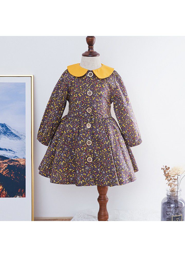 Ins spring children's dress new European and American girls' spring floral dress long sleeve printed children's dress cotton 
