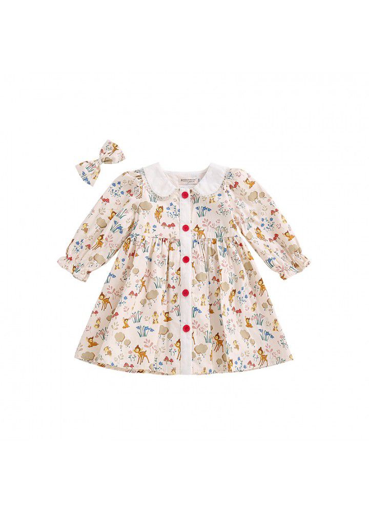 Spring new girl's dress cartoon print girl's Princess Dress European and American children's long sleeve Floral Dress 