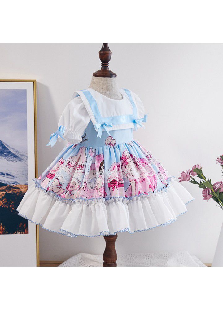 [factory] 2021 summer girl's dress girl's Lapel cartoon European and American children's skirt Spanish princess skirt