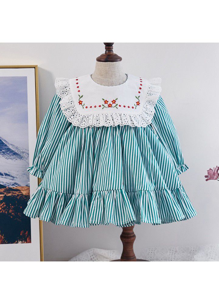 European and American children's wear 2021 spring long sleeve children's dress middle and small children's stripe embroidery children's skirt Lapel girl's skirt 
