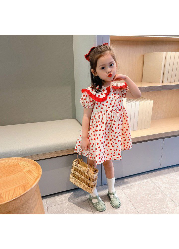 Girls' short sleeve dress 2021 summer new children's wave point Lapel skirt 