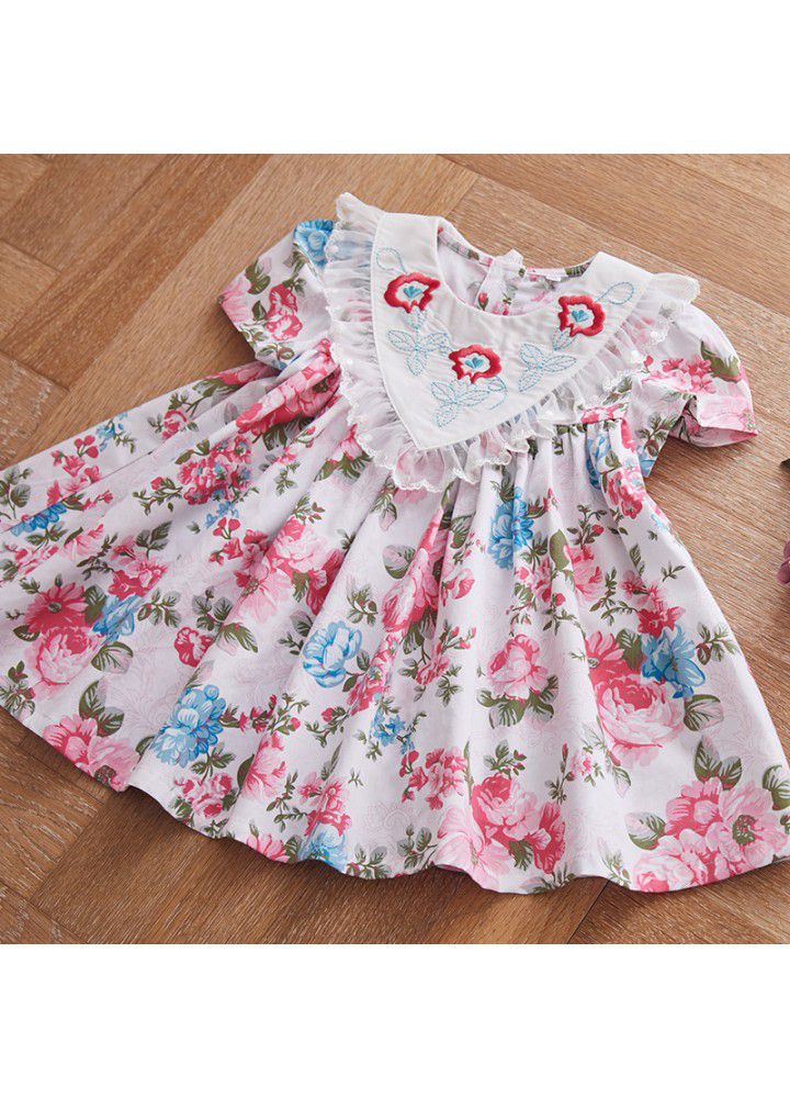 2021 new embroidered Euro American style children's skirt girl's summer princess skirt children's medium length Printed Dress 