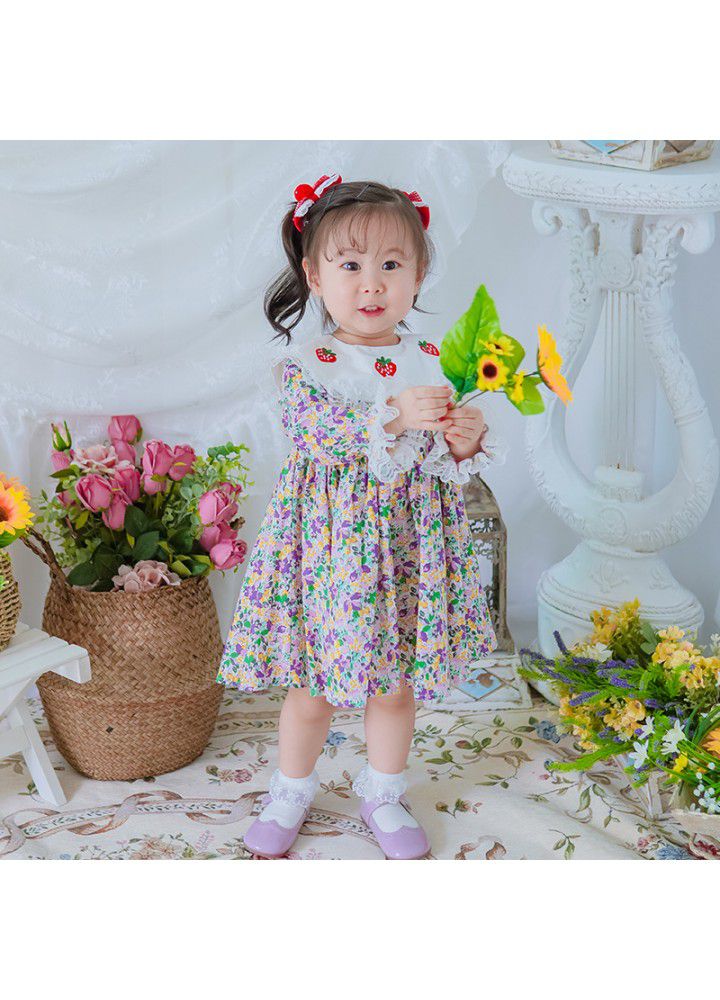 Spring girl's long sleeve Printed Dress with big Lapel embroidery children's Princess Dress 