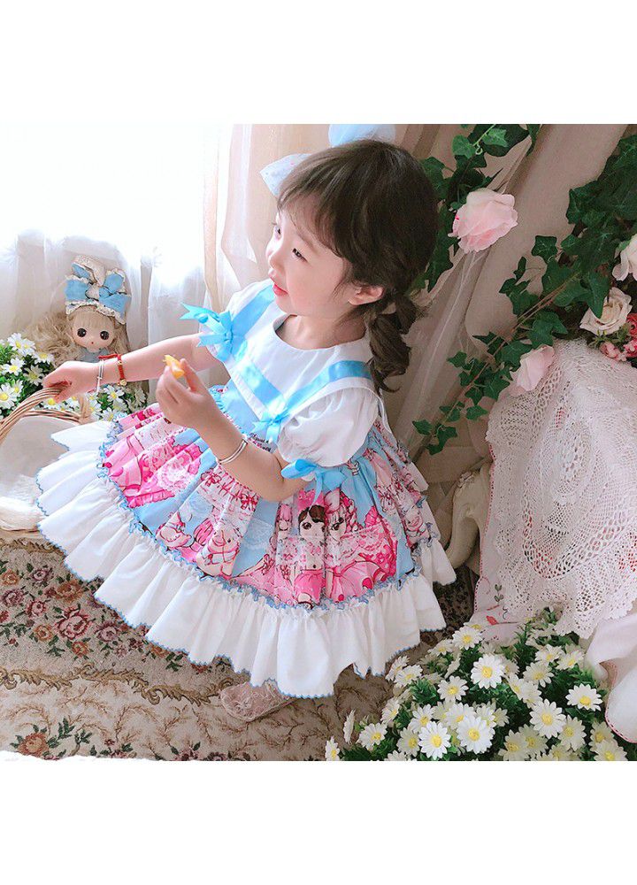 [factory] 2021 summer girl's dress girl's Lapel cartoon European and American children's skirt Spanish princess skirt
