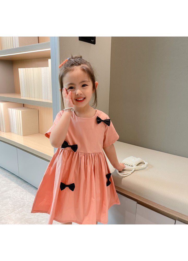 Girls' short sleeve dress 2021 summer new children's pure color bow princess skirt nubao foreign style summer dress 