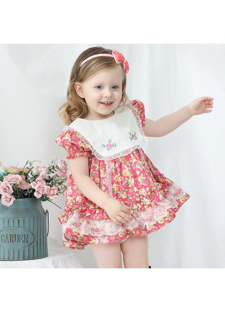 Children's short sleeve printed princess dress with big Lapel embroidery European and American children's summer new girls Floral Dress 