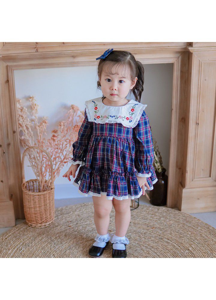 2021 spring new long sleeve girl's dress European and American children's Plaid Skirt Western style children's Lapel embroidery skirt 