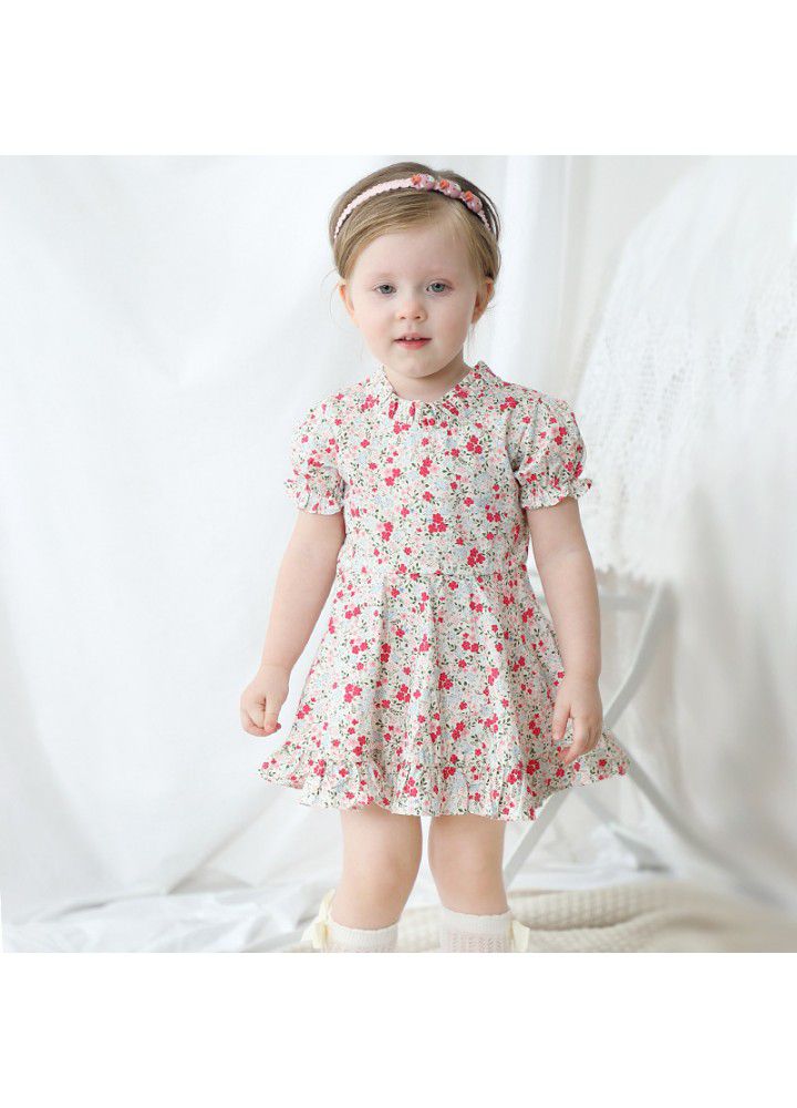 Girls' short sleeve floral dress pastoral style small fresh children's wear 2021 summer children's dress bubble sleeve 