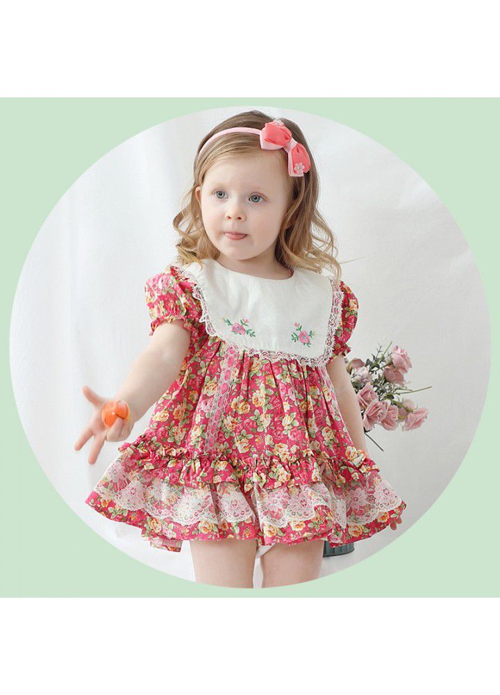 Children's short sleeve printed princess dress with big Lapel embroidery European and American children's summer new girls Floral Dress 