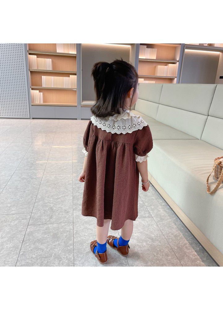 Girls' dress 2021 summer new baby girl color matching detachable lace collar children's dress 