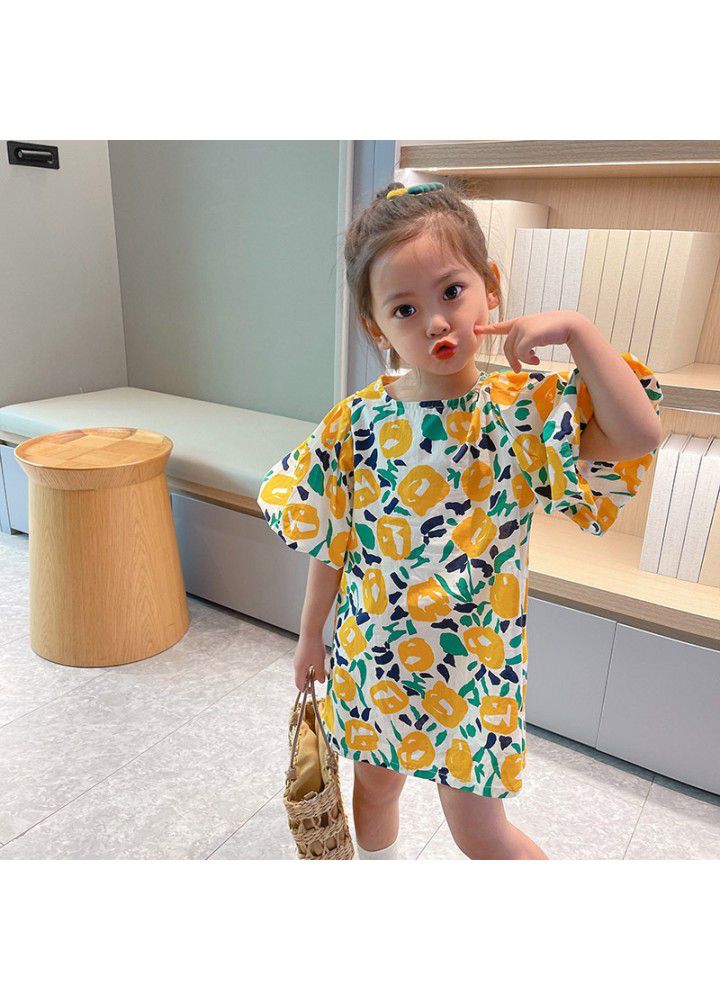 Girls' floral dress 2021 summer new children's fashion Korean princess skirt baby bubble sleeve skirt fashion 