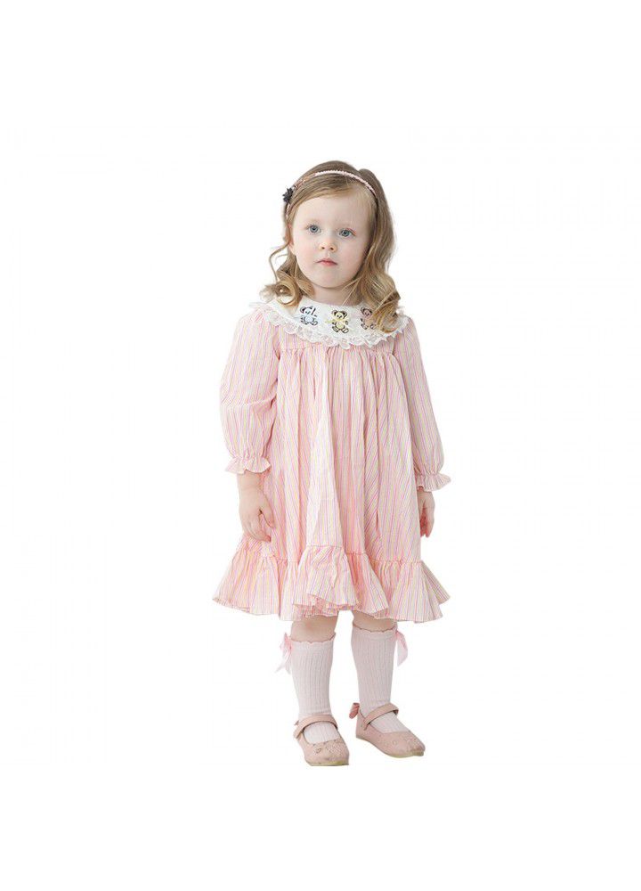 Spring new girl's princess dress girl's Long Sleeve Striped embroidered dress 