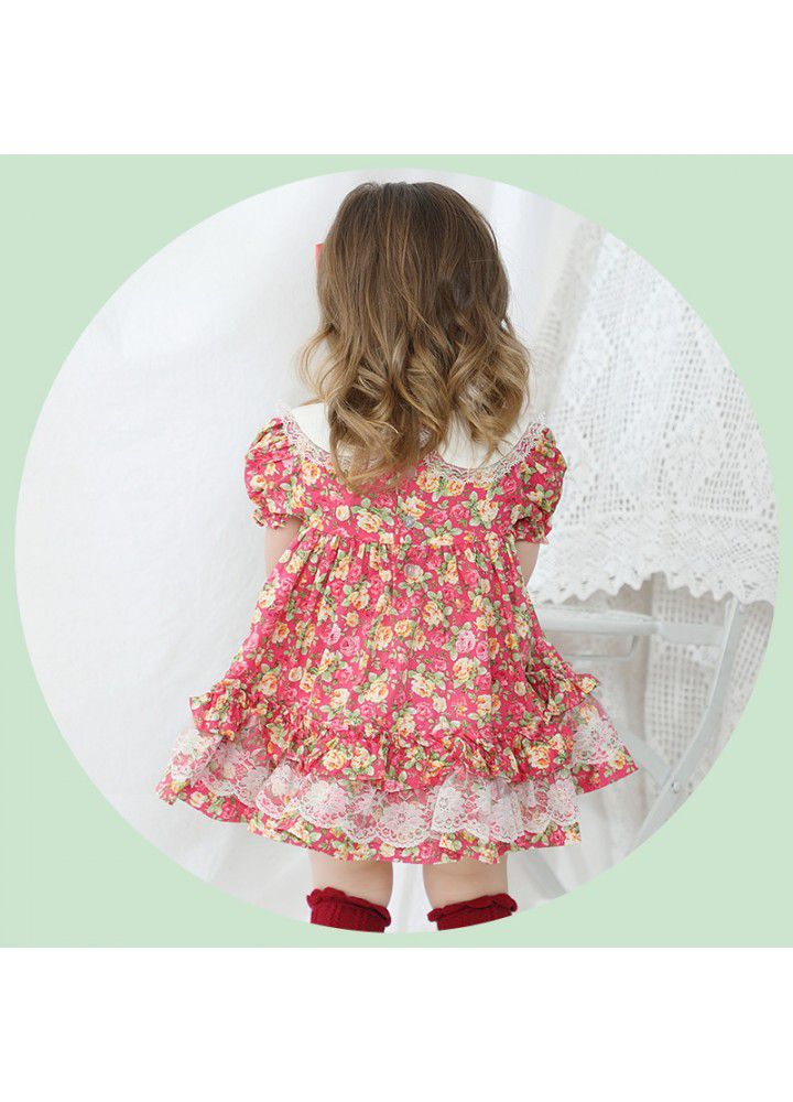 Children's short sleeve printed princess dress with big Lapel embroidery European and American children's summer new girls Floral Dress 