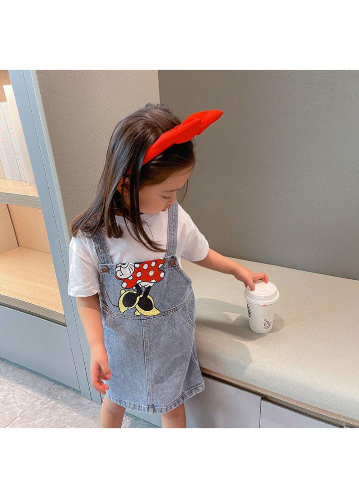 Girls' denim strap skirt adjustable 2021 summer new children's cartoon print skirt baby summer dress 