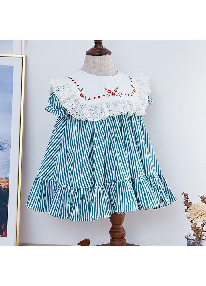 [factory] 2021 summer baby dress striped princess skirt suit short sleeve Lapel embroidered skirt European and American children's wear
