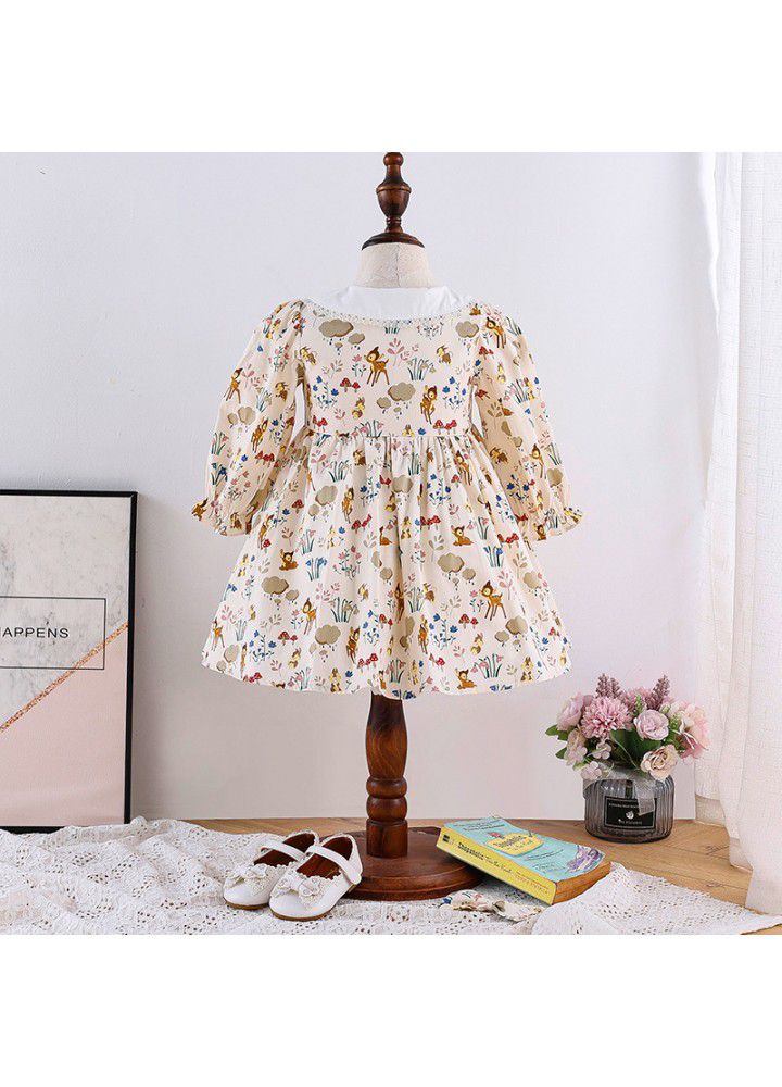 Spring new girl's dress cartoon print girl's Princess Dress European and American children's long sleeve Floral Dress 