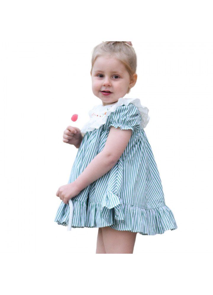 [factory] 2021 summer baby dress striped princess skirt suit short sleeve Lapel embroidered skirt European and American children's wear