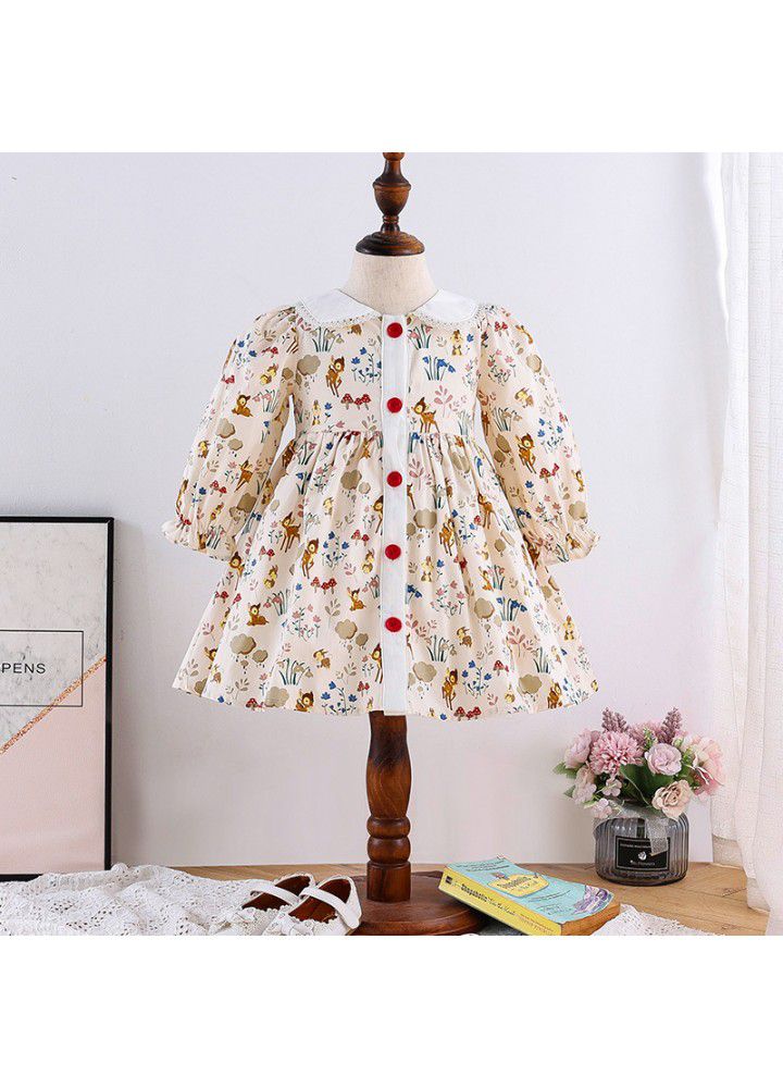 Spring new girl's dress cartoon print girl's Princess Dress European and American children's long sleeve Floral Dress 