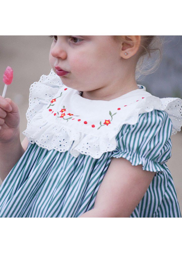 [factory] 2021 summer baby dress striped princess skirt suit short sleeve Lapel embroidered skirt European and American children's wear