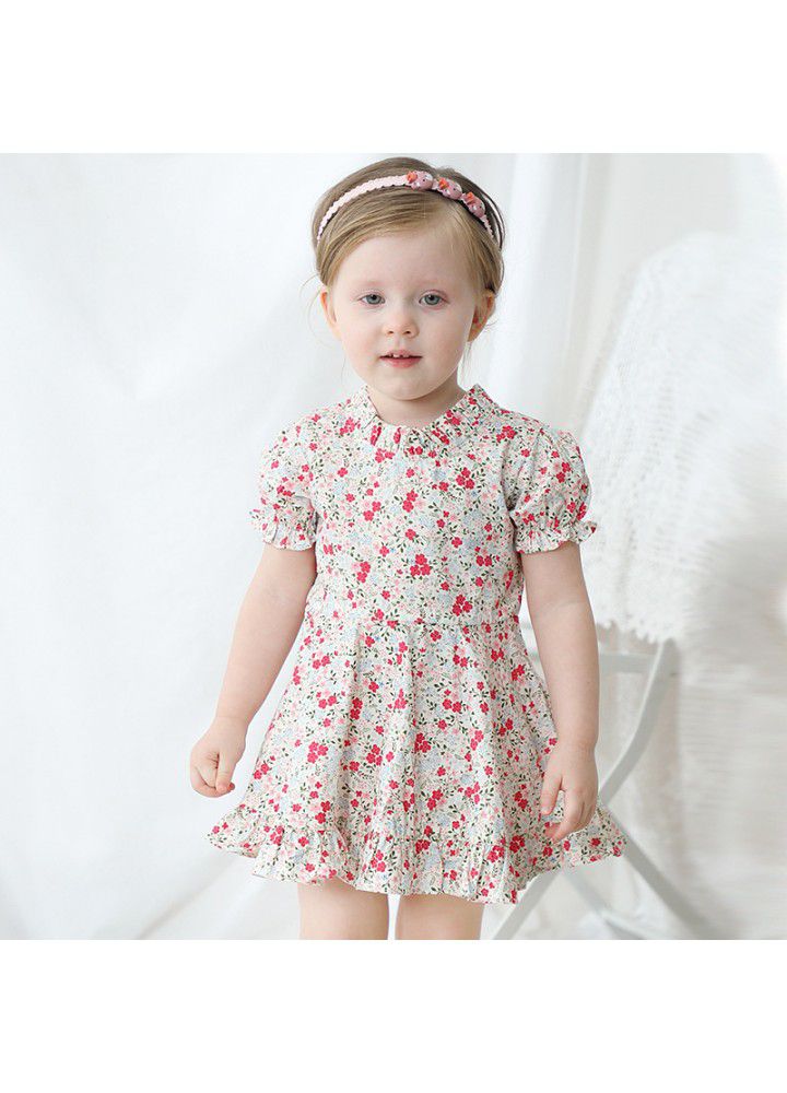 Girls' short sleeve floral dress pastoral style small fresh children's wear 2021 summer children's dress bubble sleeve 