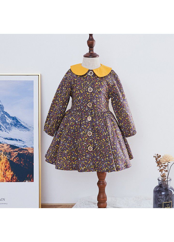 Ins spring children's dress new European and American girls' spring floral dress long sleeve printed children's dress cotton 
