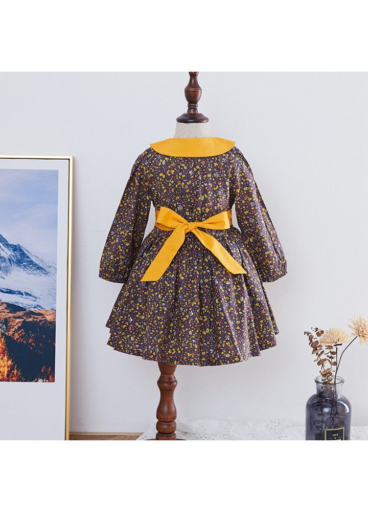 Ins spring children's dress new European and American girls' spring floral dress long sleeve printed children's dress cotton 