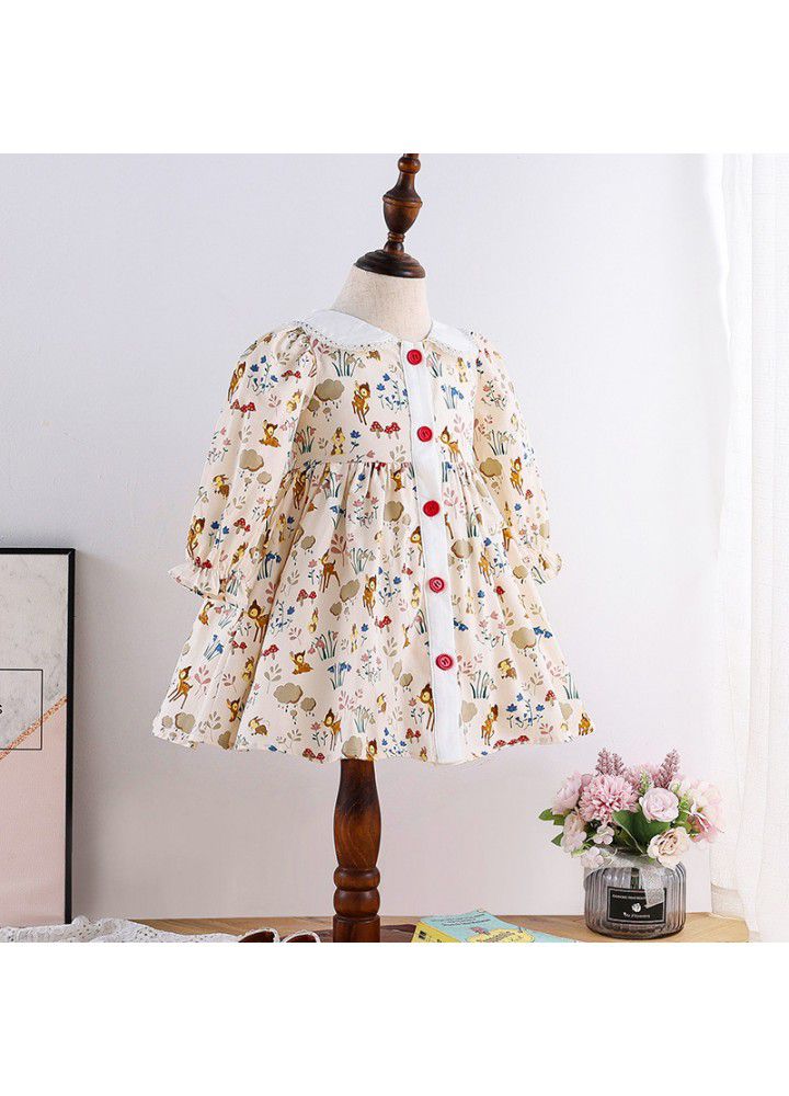 Spring new girl's dress cartoon print girl's Princess Dress European and American children's long sleeve Floral Dress 