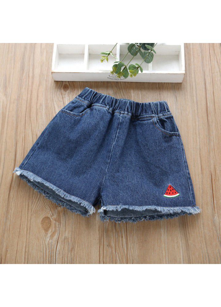 Girls Denim Shorts wear 2021 new baby children's summer foreign style children's wear small wrinkled chrysanthemum casual thin pants 