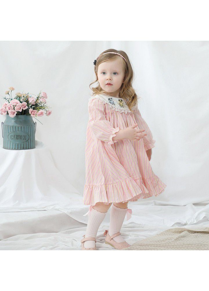 Spring new girl's princess dress girl's Long Sleeve Striped embroidered dress 