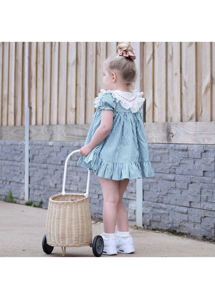 [factory] 2021 summer baby dress striped princess skirt suit short sleeve Lapel embroidered skirt European and American children's wear