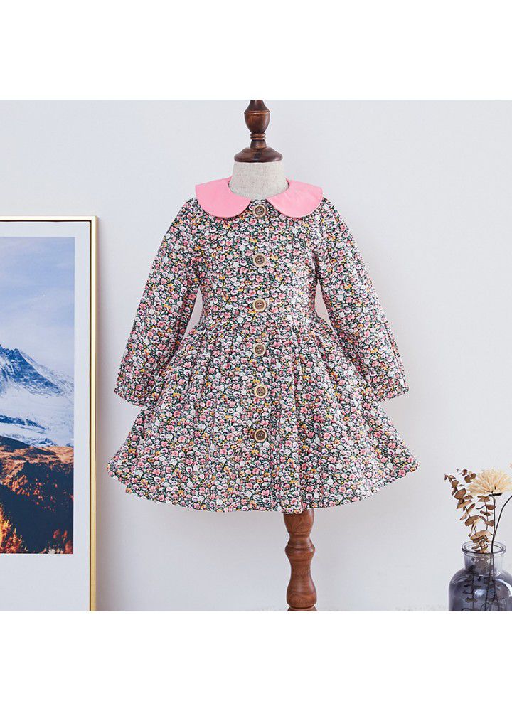 Ins spring children's dress new European and American girls' spring floral dress long sleeve printed children's dress cotton 