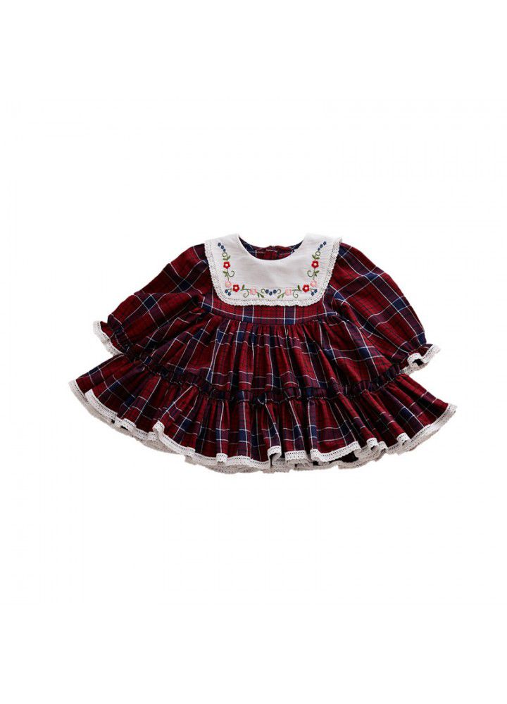 2021 spring new long sleeve girl's dress European and American children's Plaid Skirt Western style children's Lapel embroidery skirt 