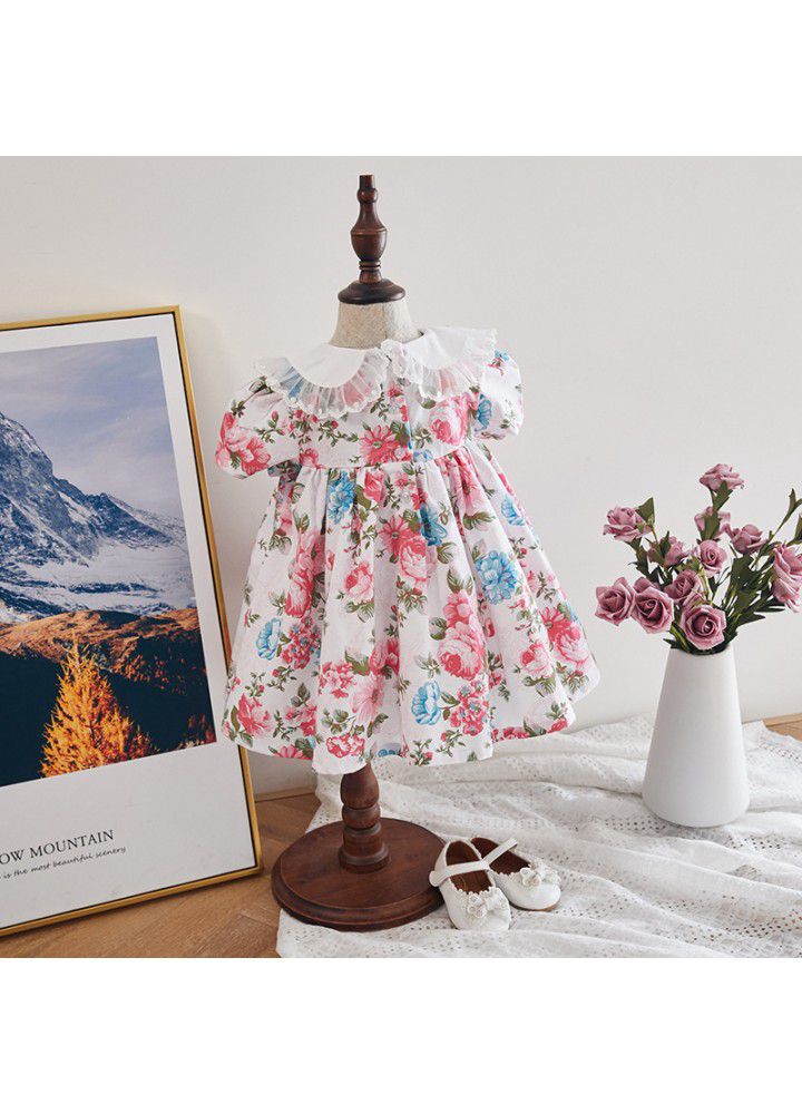 2021 new embroidered Euro American style children's skirt girl's summer princess skirt children's medium length Printed Dress 