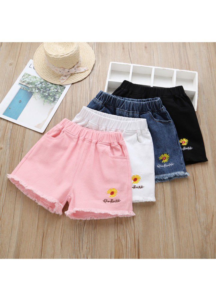 Girls Denim Shorts wear 2021 new baby children's summer foreign style children's wear small wrinkled chrysanthemum casual thin pants 