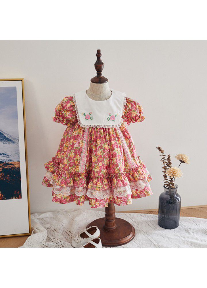 Children's short sleeve printed princess dress with big Lapel embroidery European and American children's summer new girls Floral Dress 