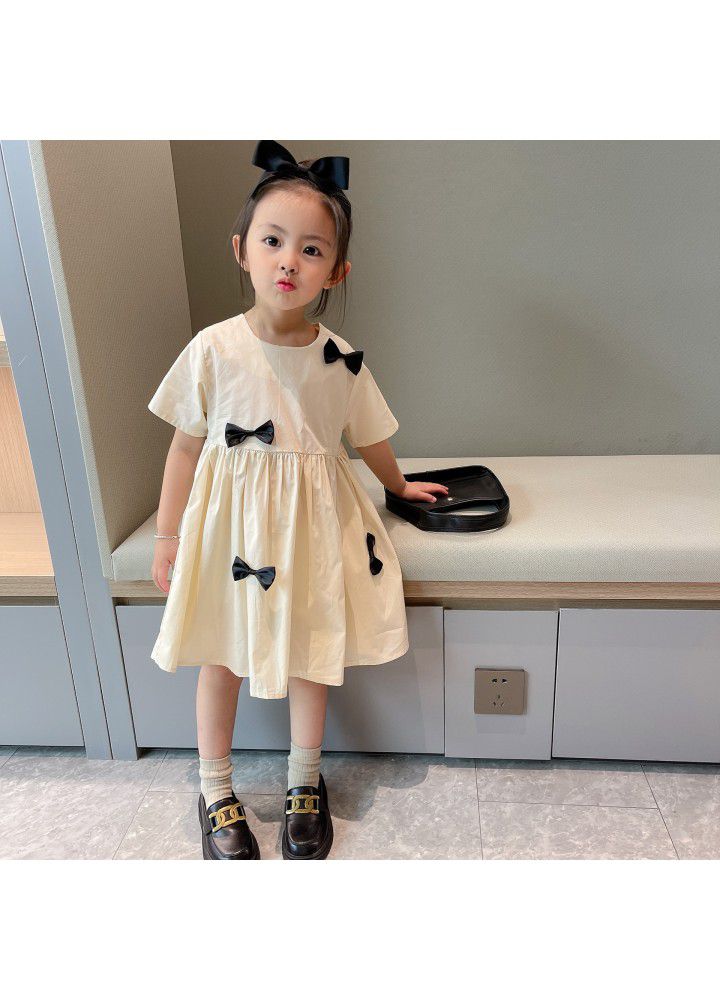 Girls' short sleeve dress 2021 summer new children's pure color bow princess skirt nubao foreign style summer dress 