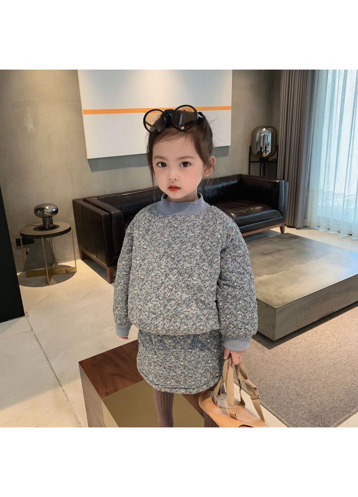 Girls' cotton padded suit 2020 winter new children's floral long sleeve skirt two piece cotton padded jacket 