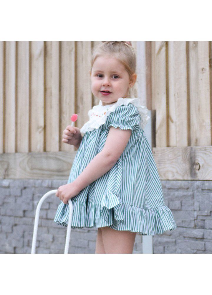 [factory] 2021 summer baby dress striped princess skirt suit short sleeve Lapel embroidered skirt European and American children's wear