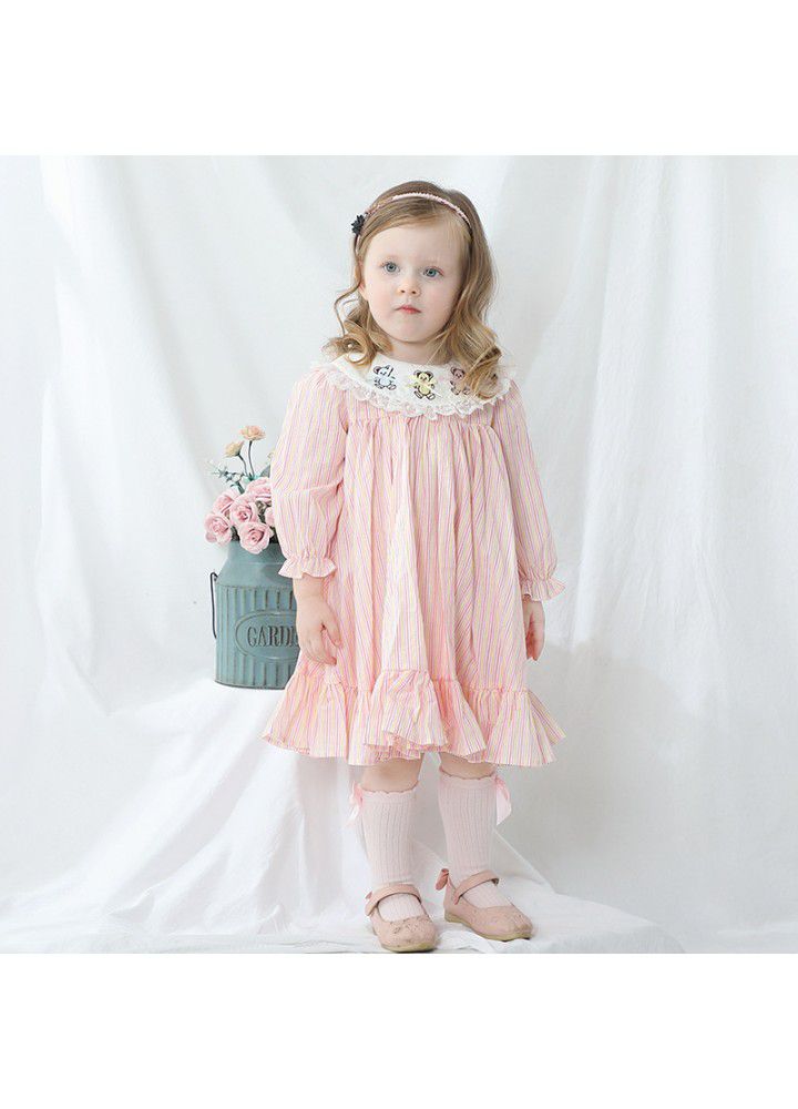Spring new girl's princess dress girl's Long Sleeve Striped embroidered dress 