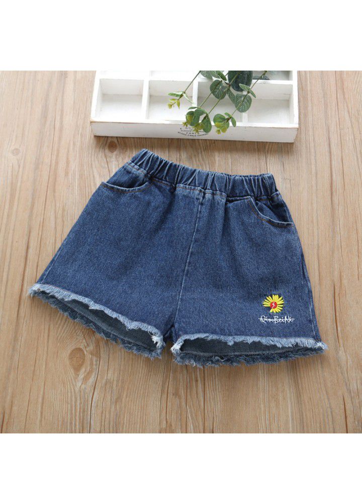 Girls Denim Shorts wear 2021 new baby children's summer foreign style children's wear small wrinkled chrysanthemum casual thin pants 