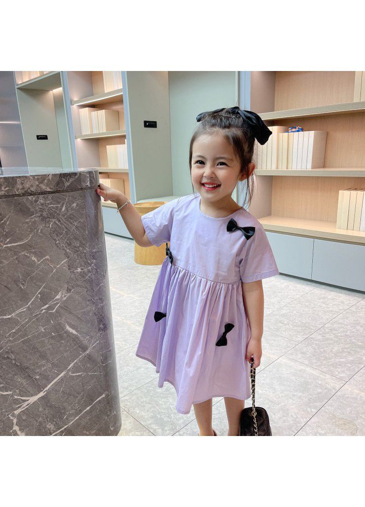 Girls' short sleeve dress 2021 summer new children's pure color bow princess skirt nubao foreign style summer dress 