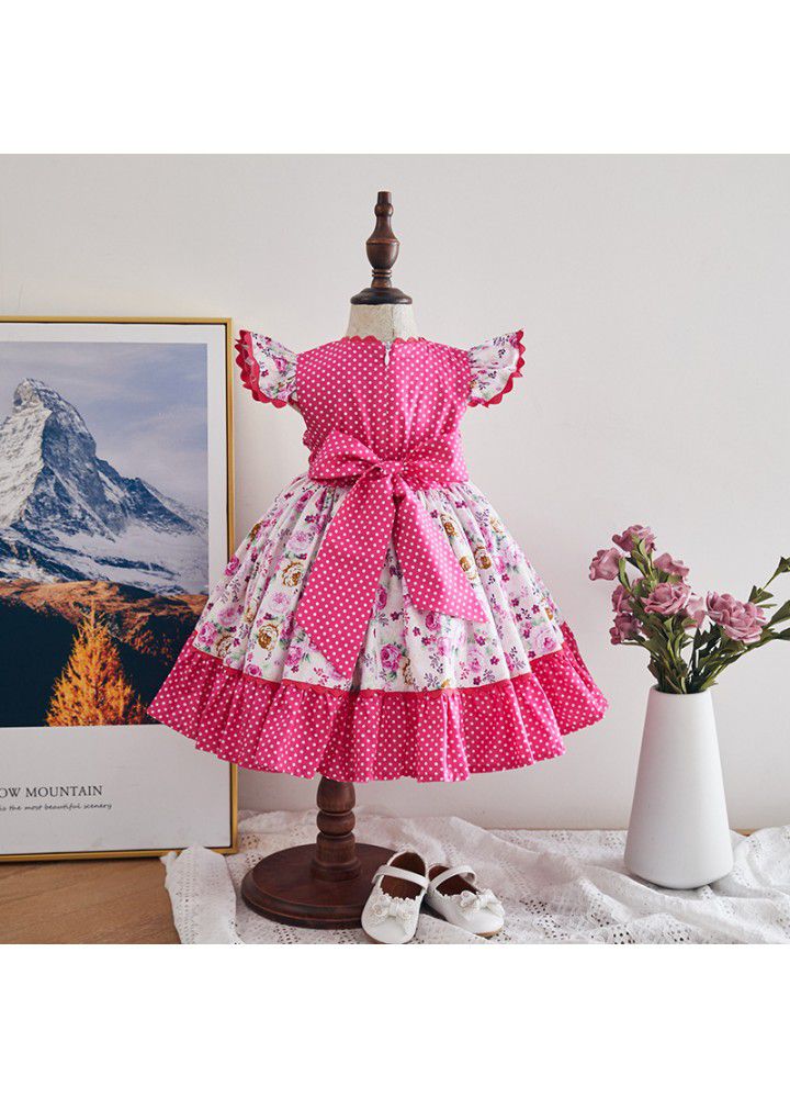 2021 new girl flower skirt printed big bow children's dress flying sleeve Princess Dress 