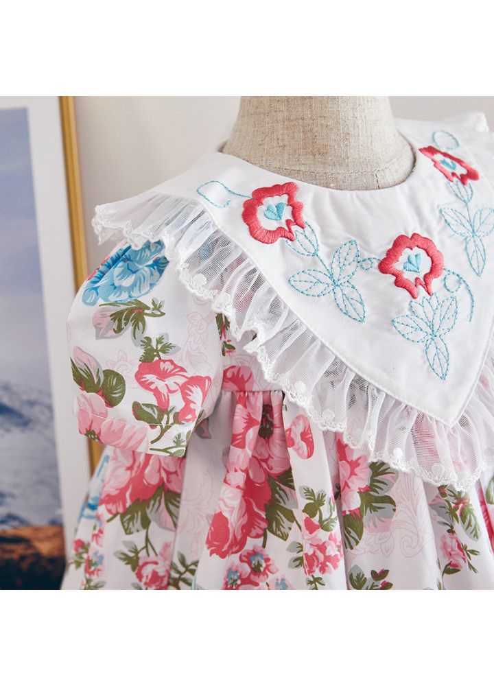 2021 new embroidered Euro American style children's skirt girl's summer princess skirt children's medium length Printed Dress 
