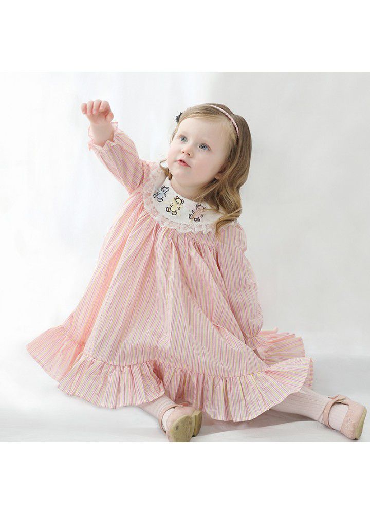 Spring new girl's princess dress girl's Long Sleeve Striped embroidered dress 