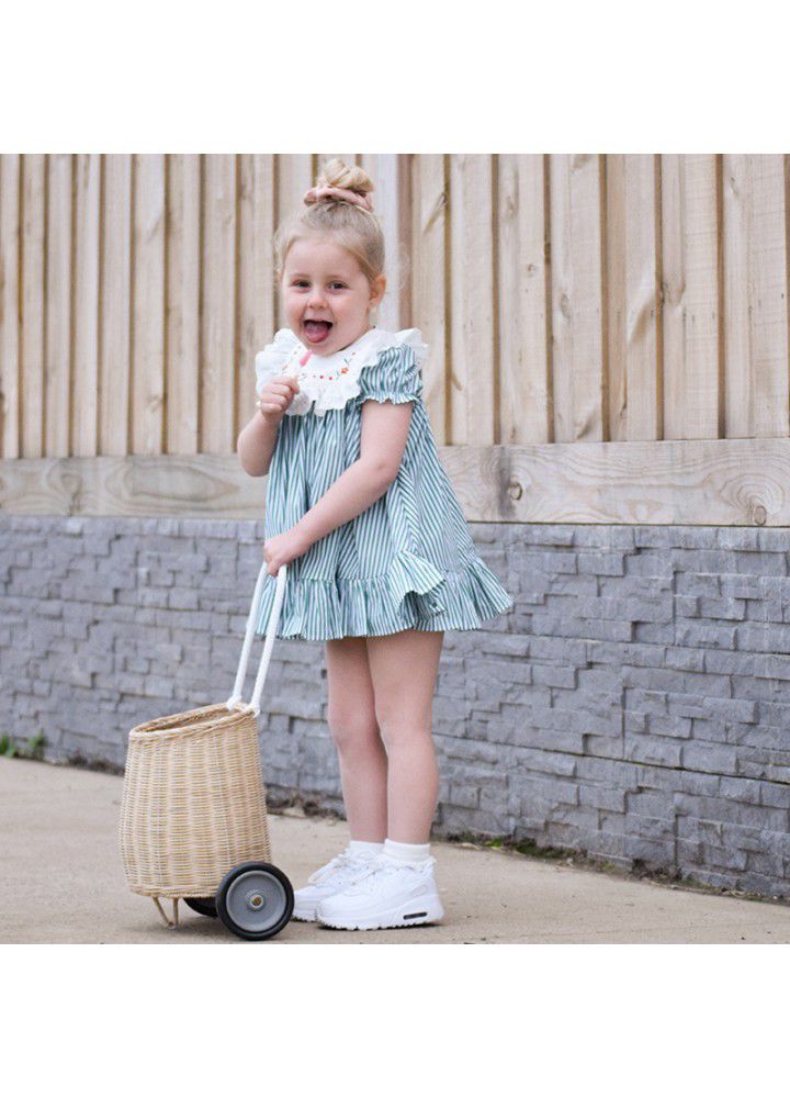 [factory] 2021 summer baby dress striped princess skirt suit short sleeve Lapel embroidered skirt European and American children's wear